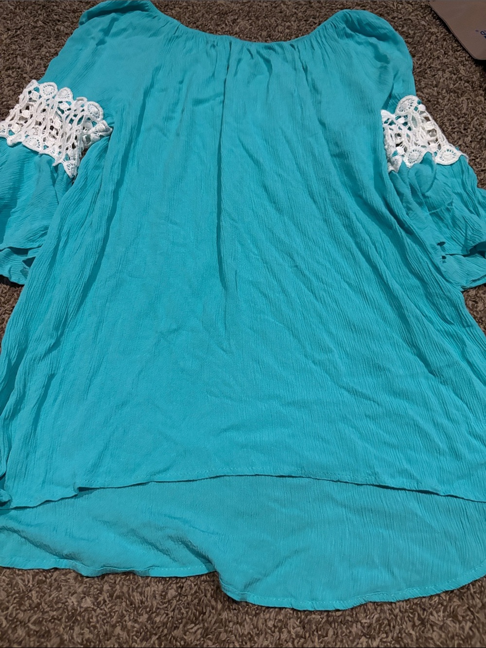 Moa Moa Turquoise Off-Shoulder Tunic with White Crochet Sleeves